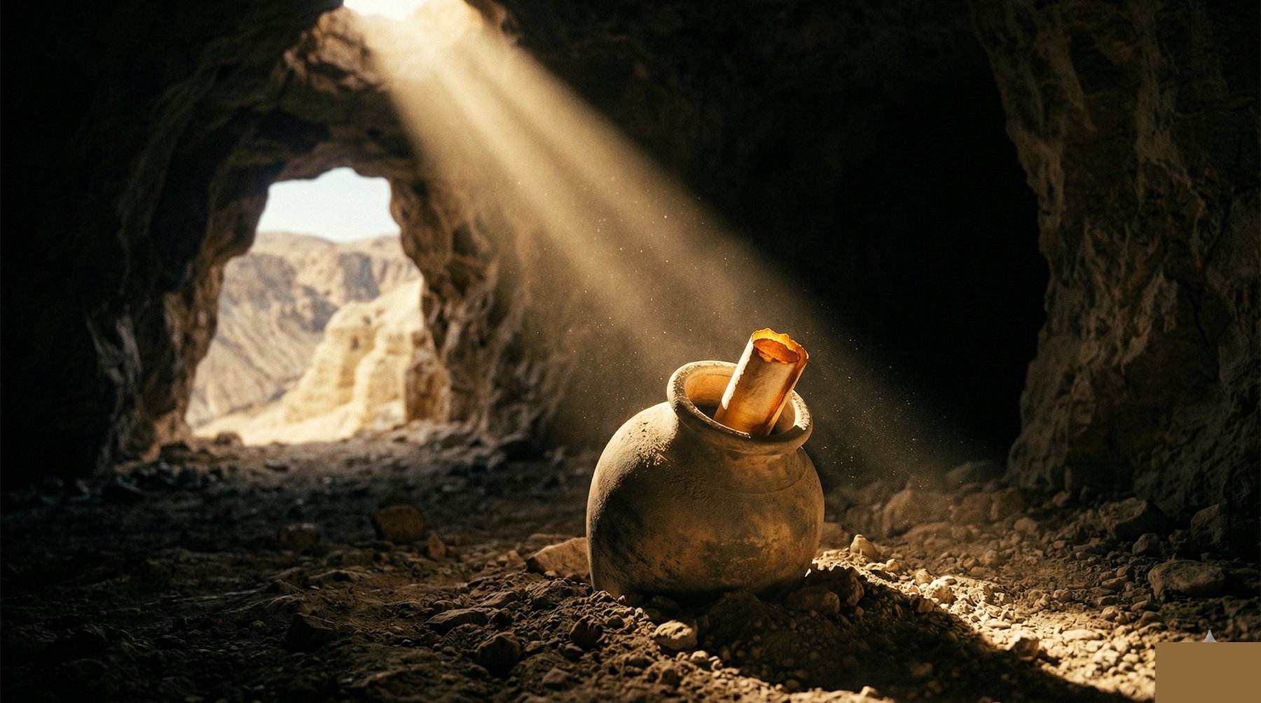 Gruta de Qumrão com jarro e manuscrito